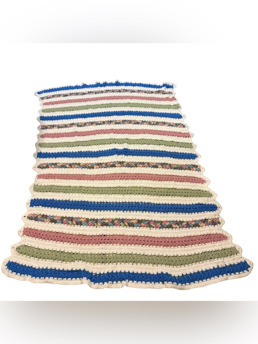 Vintage Crochet Knit Afghan Blanket Handmade Granny Blue Green Pink White 71x55”